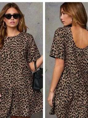 Vici Leopard Print Drop Waist Ruffle-Hem Shift Dress - Brown & Black